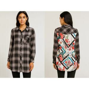 Tolina Plaid & Floral Mixed Media Tunic Shirt  XS – 100% Viscose has Pockets NEW